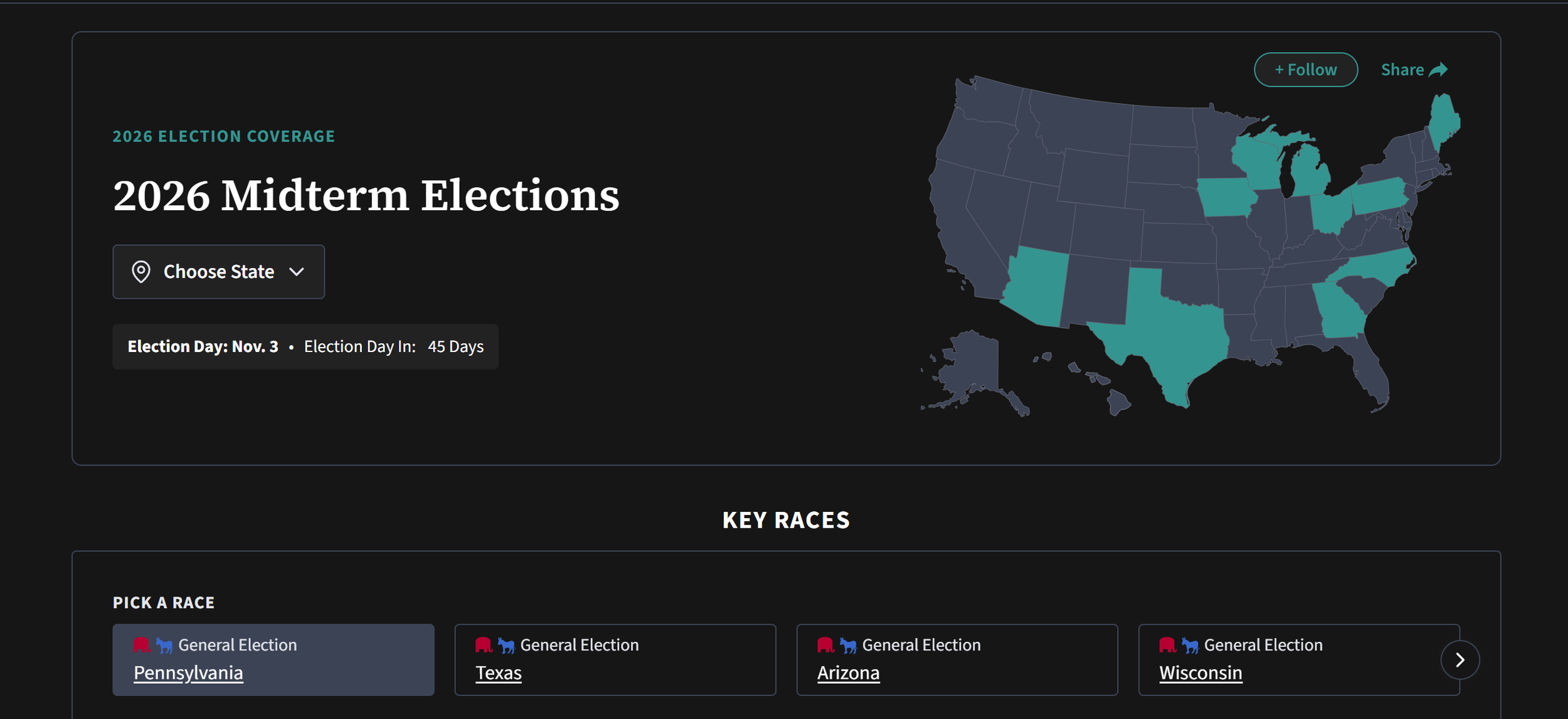 Freespoke elections portal showing the national Senate race map