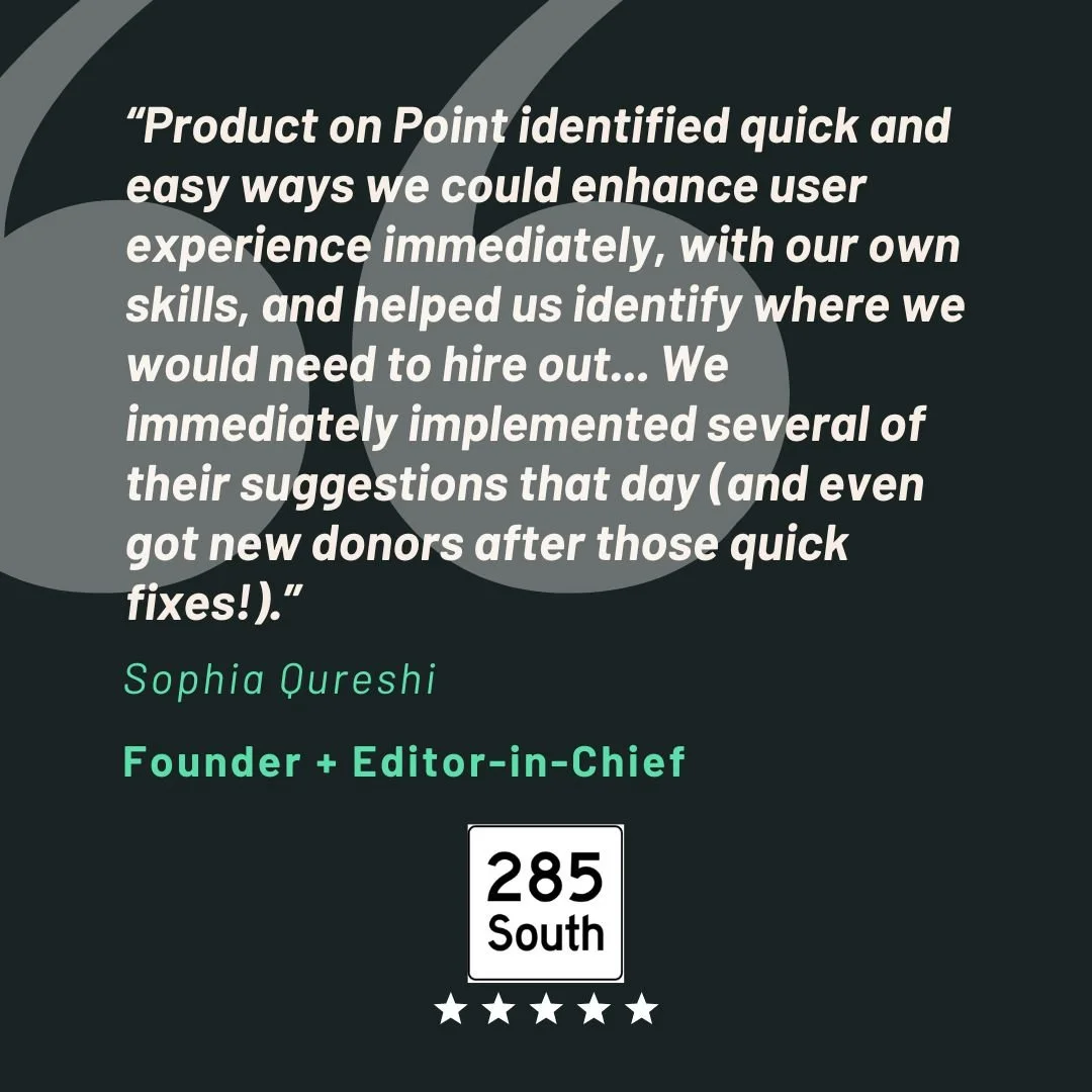 Testimonial quote from Sophia Qureshi, Founder and Editor-in-Chief, on a dark background with white and green text, featuring a highway sign for Highway 285 South with five stars.
