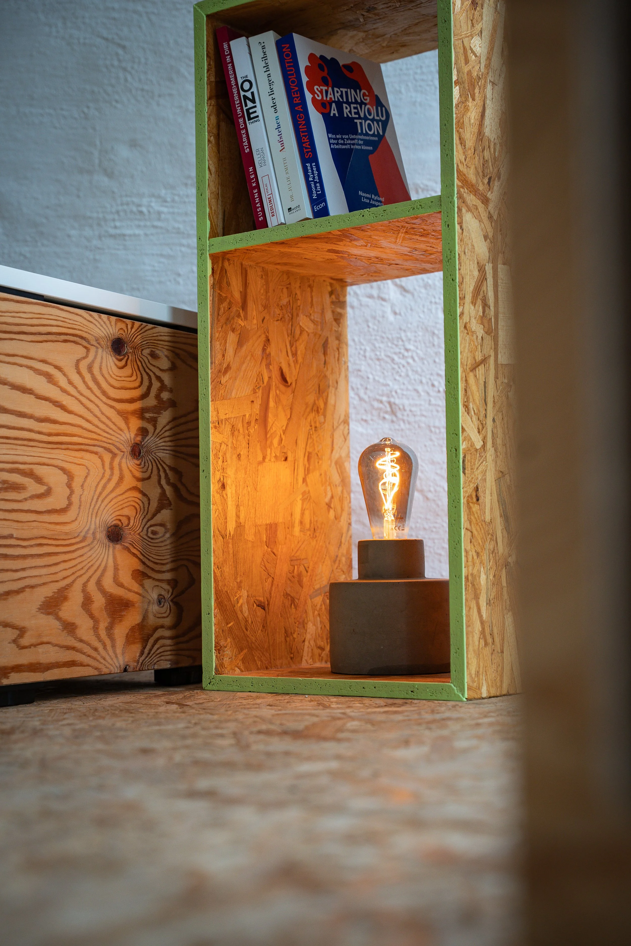 Ein offener, rechteckiger Holzrahmen mit grüner Rahmenkante, der eine beleuchtete Glühbirne in einem grauen Sockel zeigt, vor einer weißen Wand. Im oberen Fach des Rahmens befinden sich Bücher.