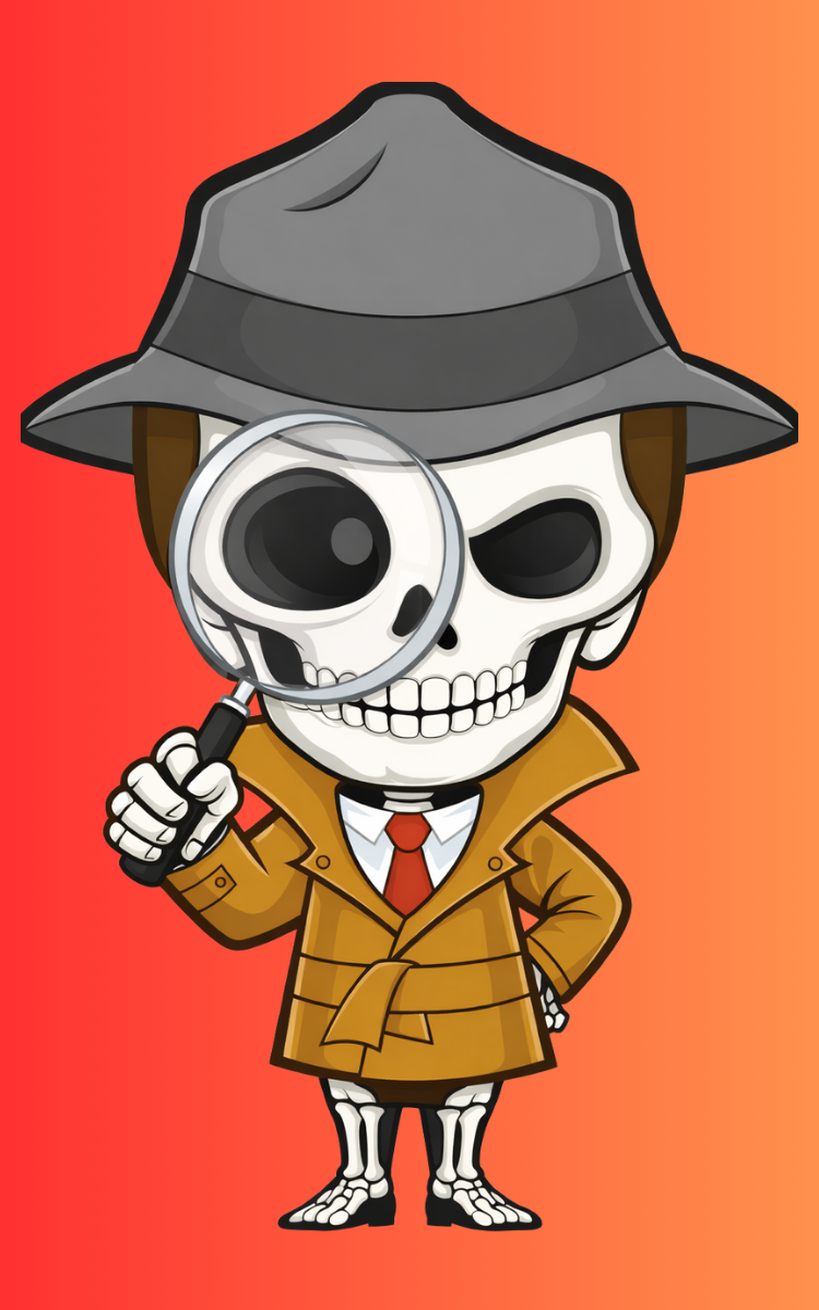 Cartoon skeleton detective wearing a gray fedora hat, brown coat, and red tie, holding a magnifying glass, with a skull face and skeleton feet, set against an orange background.