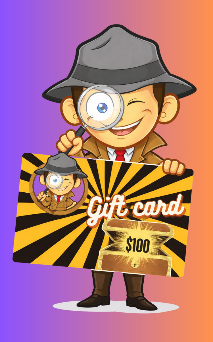 Cartoon boy dressed as a detective holding a gift card worth $100 with a magnifying glass and wearing a gray detective hat, standing against a background that transitions from purple to orange.