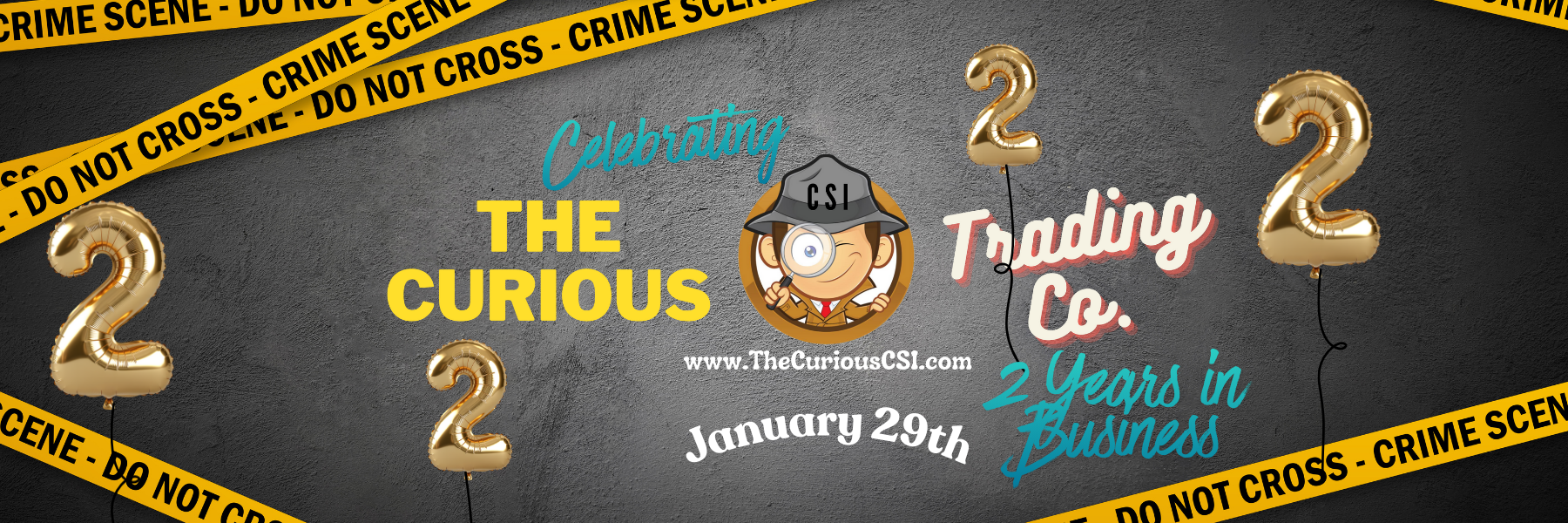 Celebration poster for The Curious CSI's 2nd anniversary event on January 29th, featuring caution tape reading 'Crime Scene - Do Not Cross', gold balloon numbers '2' on black cord, a logo with a cartoon detective holding a magnifying glass, and colorful text with event details.
