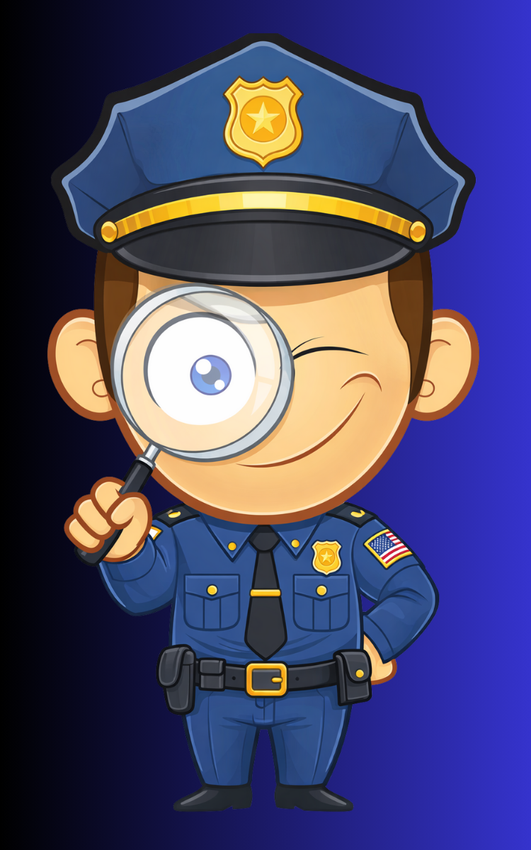Cartoon police officer with a magnifying glass, wearing a blue uniform and hat, smiling and winking against a dark blue background.
