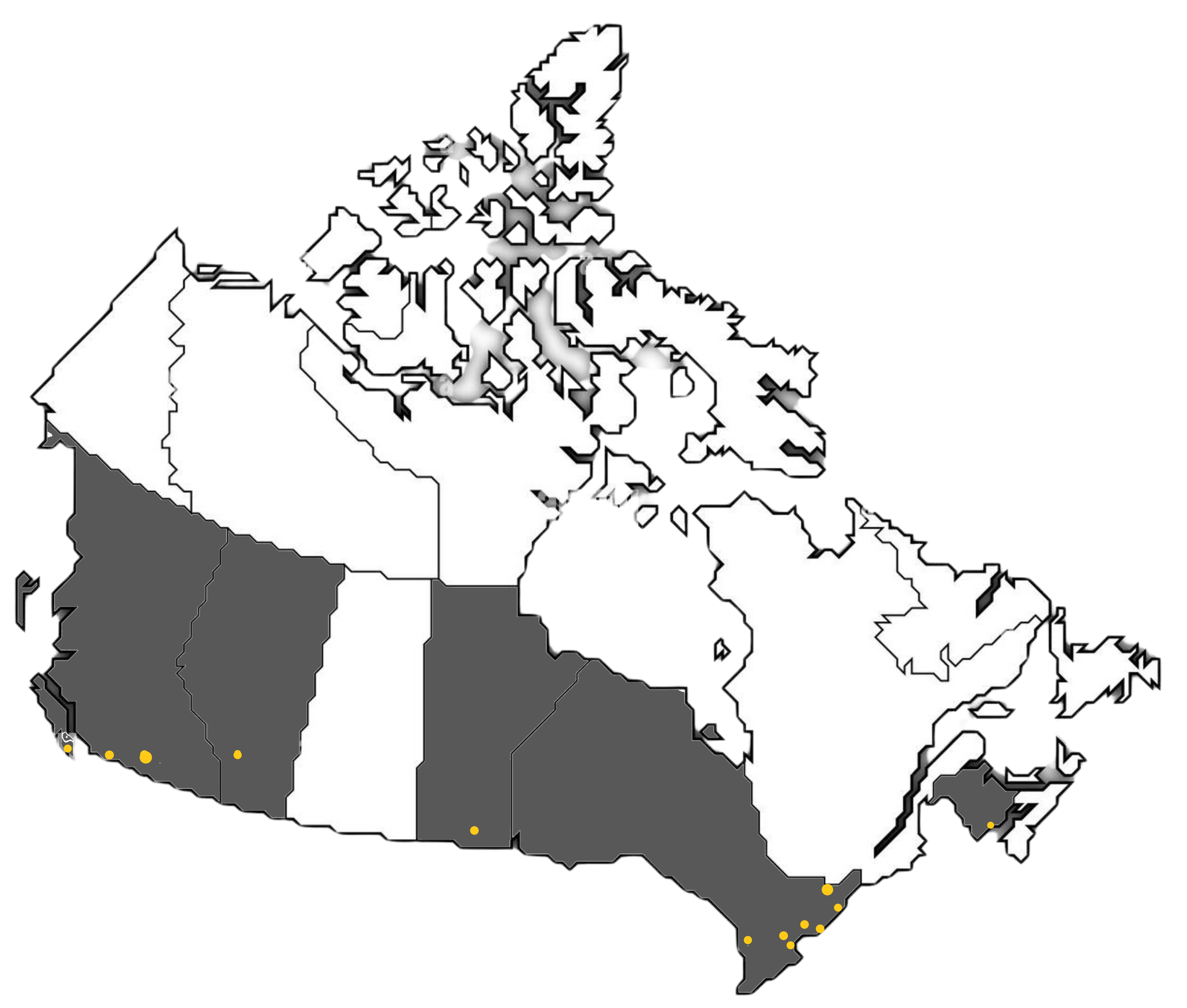 Map of Canada with yellow dots marking key locations along the west and east coasts.