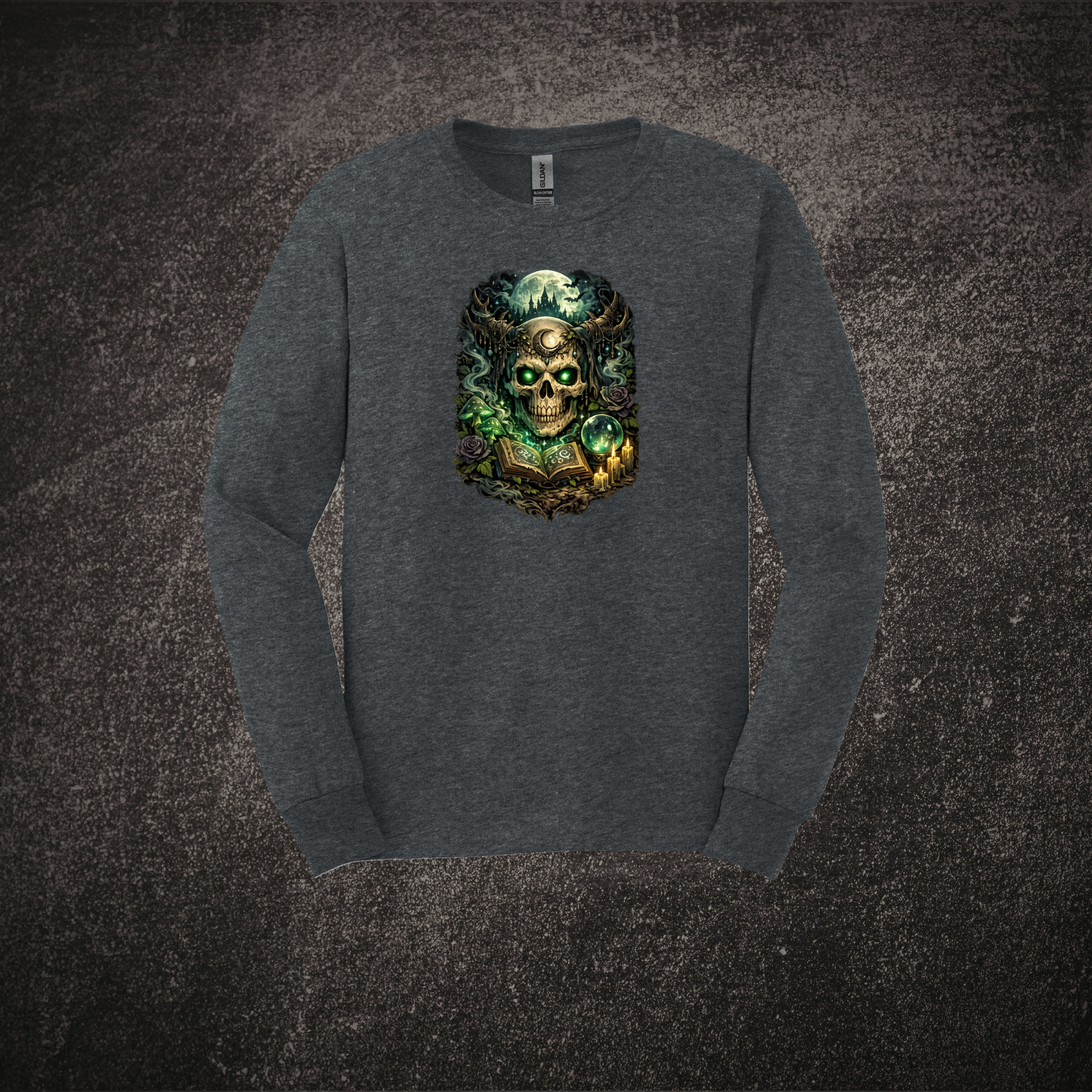 Spell Binding Skull - LS Tee Dark Heather.png