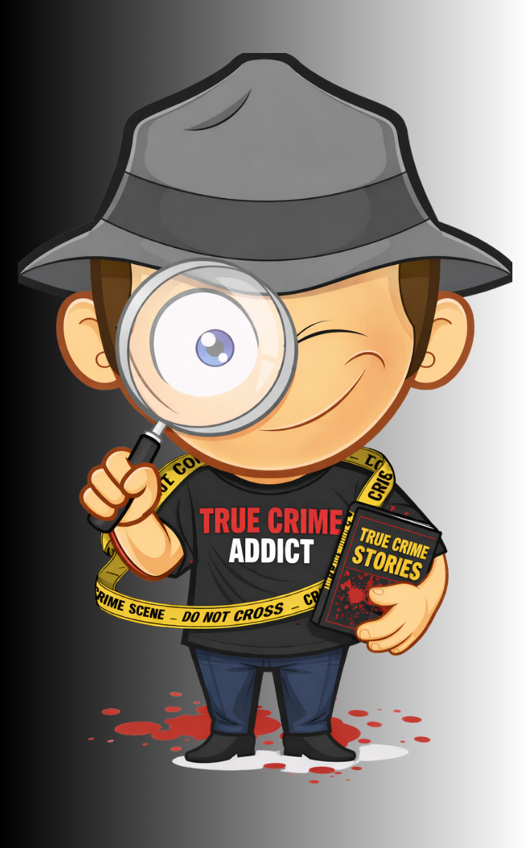 Cartoon detective holding a magnifying glass in front of one eye, wearing a black "True Crime Addict" shirt, holding a book titled "True Crime Stories," with yellow crime scene tape wrapped around him and bloodstains on the floor.