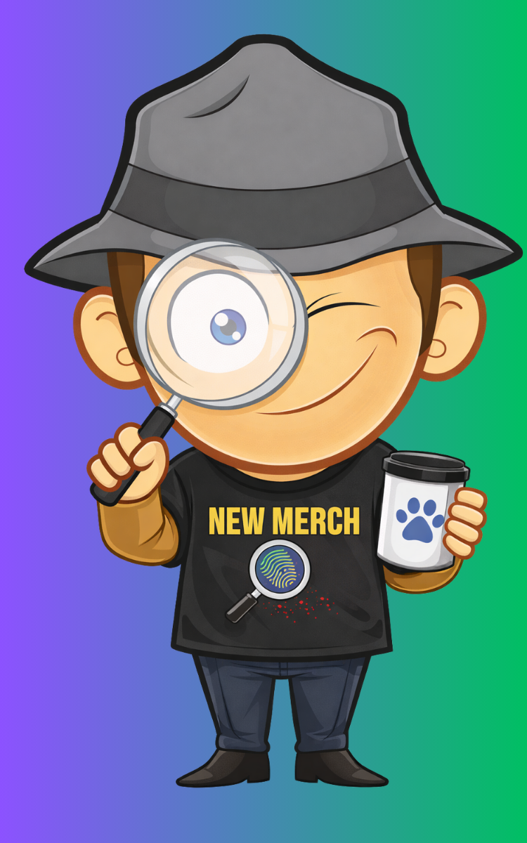 Cartoon character with brown hair wearing a gray fedora, holding a magnifying glass with an eye design in front of one eye, winking, wearing a black T-shirt with 'NEW MERCH' and a fingerprint and magnifying glass graphic, holding a coffee cup with a paw print, standing against a gradient background of purple and green.