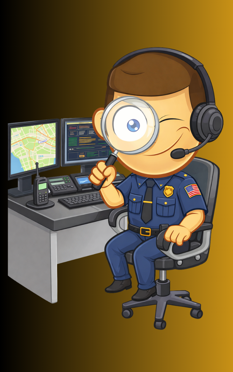Cartoon policeman in a police uniform sitting at a desk with multiple monitors, holding a magnifying glass to one eye, wearing a headset, in front of radio equipment and a map on the screen.