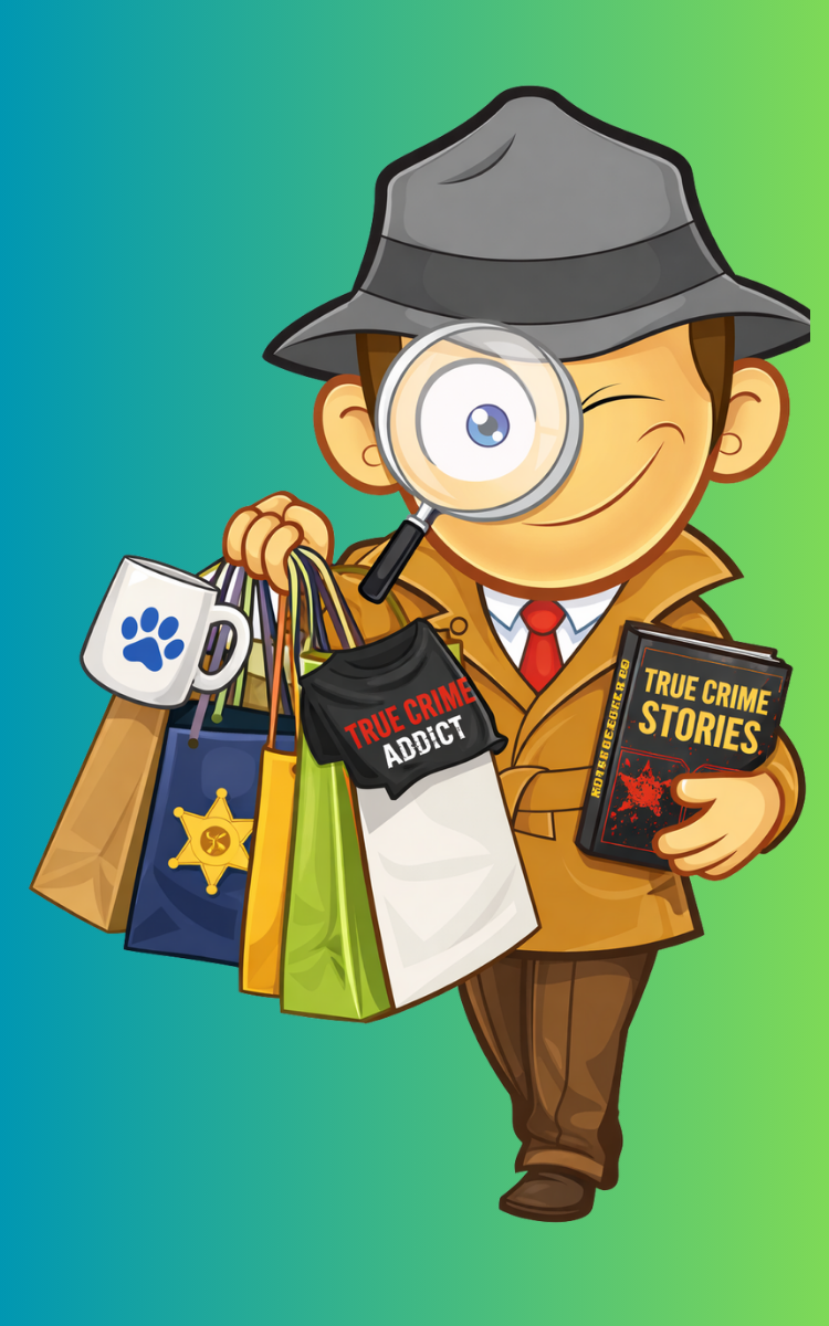 Cartoon detective character in a fedora hat and trench coat holding multiple shopping bags, a book titled 'True Crime Stories', a mug with a paw print, and a badge, with a magnifying glass over one eye and winking.