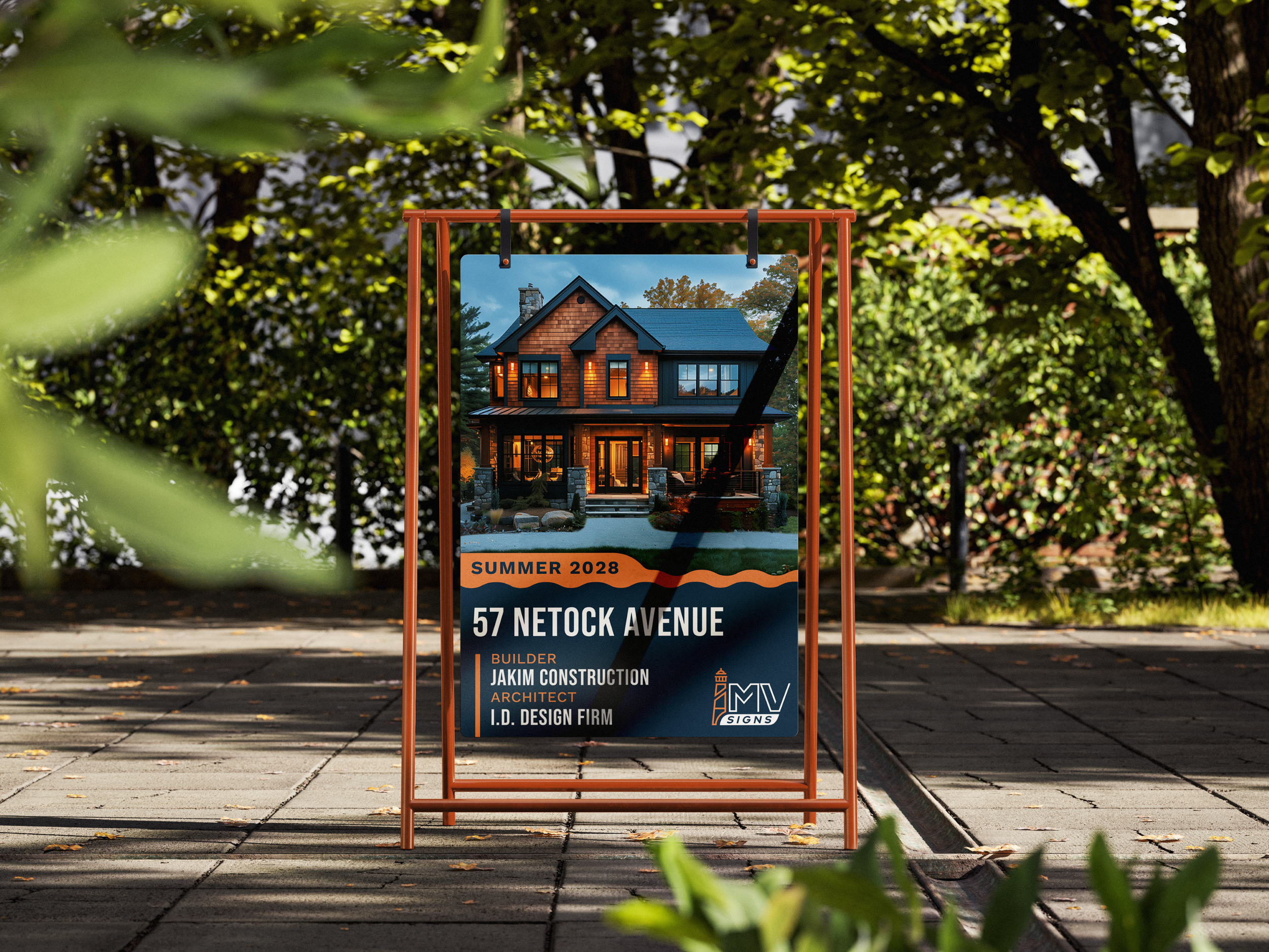 A real estate signboard on a sidewalk in a park-like setting with trees and leaves, advertising a house at 57 Netock Avenue available in summer 2028.