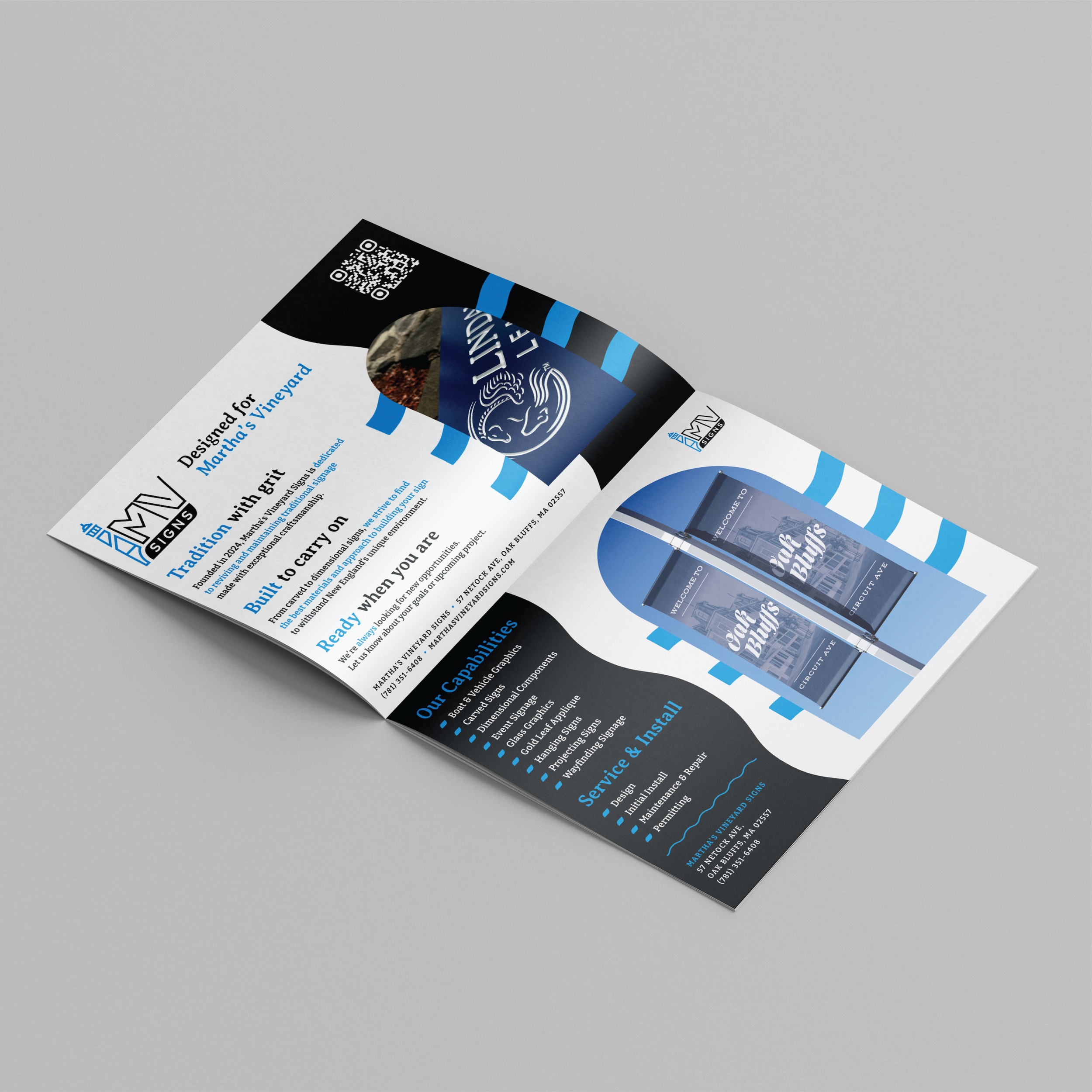 Bi-fold brochure for Martha's Vineyards Sign Company featuring blue and black design elements, product images, and contact information in American English.