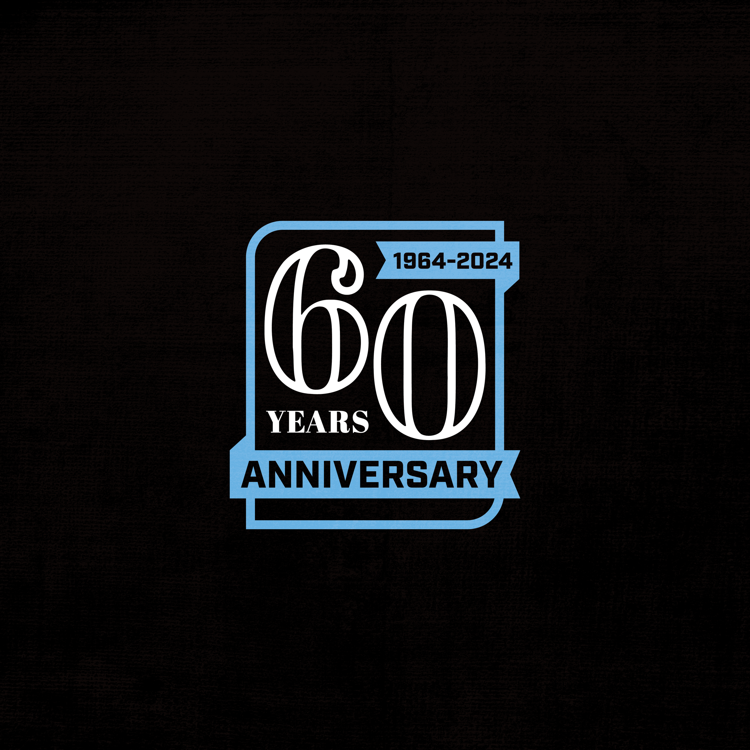 Design celebrating 60 years (1964-2024) anniversary, featuring large stylized '60' with the word 'Years' underneath, and a banner with the words 'Anniversary' at the bottom.