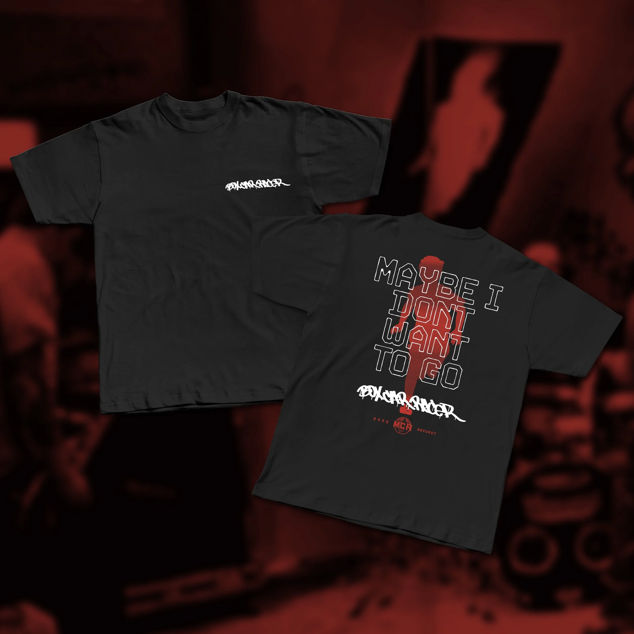 Black t-shirt with white and red graphic text design in distorted and stylized font, partially visible, on a dark background.