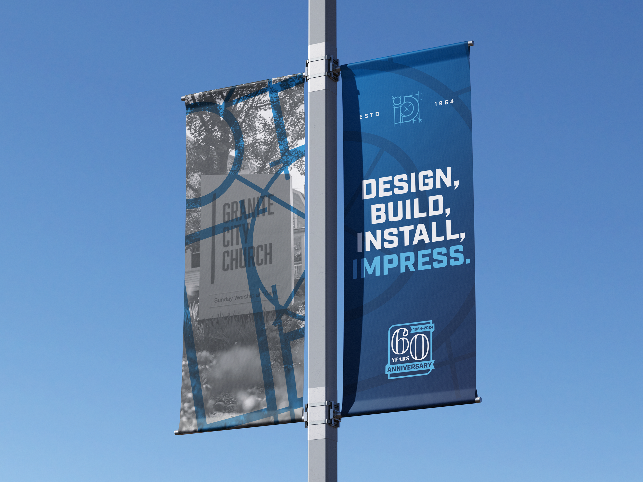 A vertical blue banner celebrating the 60th anniversary of a sign provider with its services, a photo of sign project and the years 1964-2024