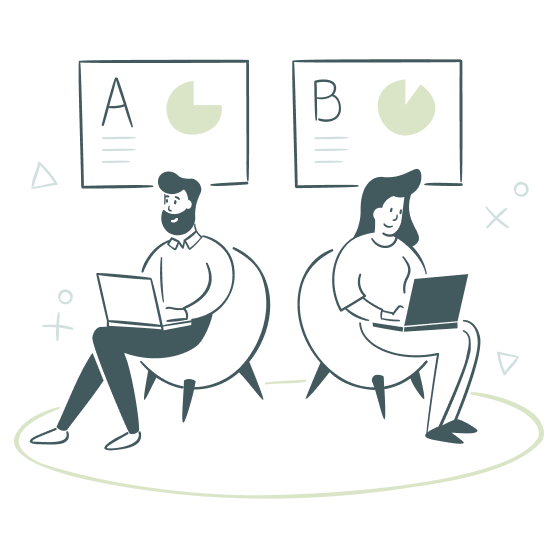 Illustration of two people sitting in chairs with their backs to one another. Behind one is a sign with data and the letter 'A'. Behind the other is a similar, but slightly different set of data, and the letter 'B'.