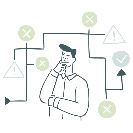 Illustration of a man analyzing workflows and which pathways are successful (check mark) or a roadblock (an 'x').