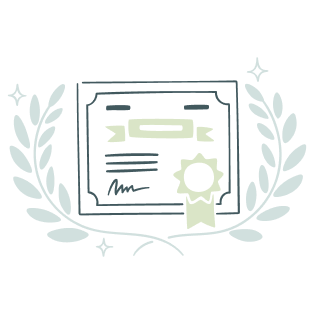 Illustration of a certificate surrounded by laurel leaves in blue and green.