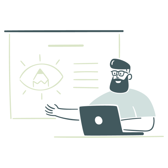 Illustration of a man presenting his insights and plans to a viewer.