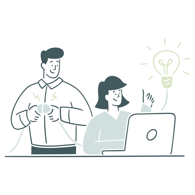 Illustration of a man and a woman working together to create a new idea. The man is plugging in a cord that connects to a lightbulb by the woman's hand as she looks up delighted and pointing up.