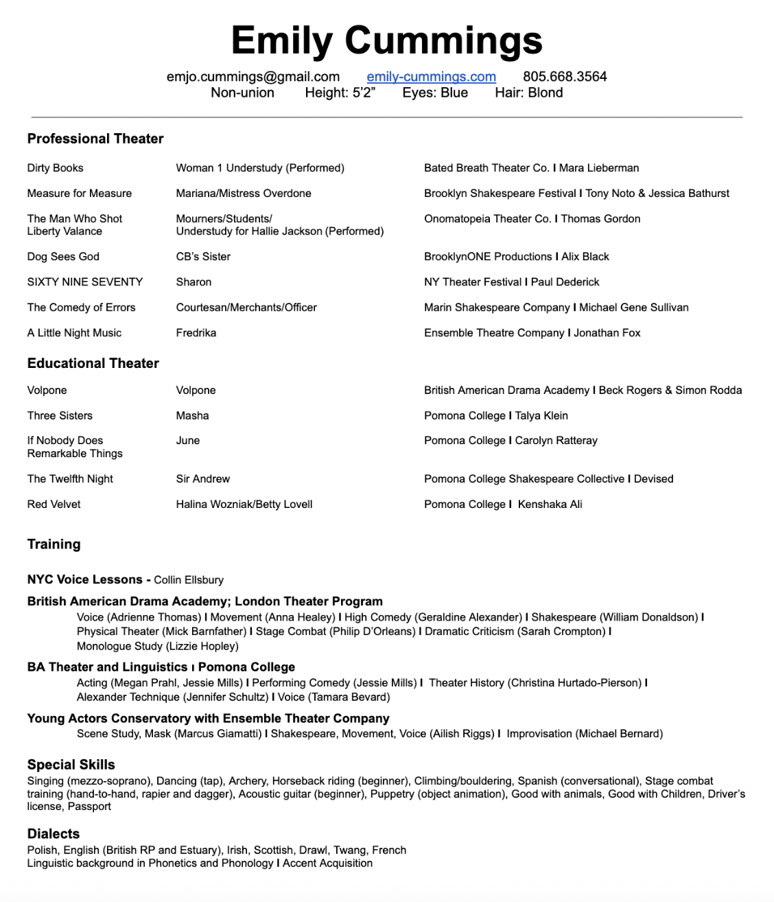 A resume for Emily Cummings listing her contact information, physical traits, and experience in professional and educational theater, training, skills, and dialects.