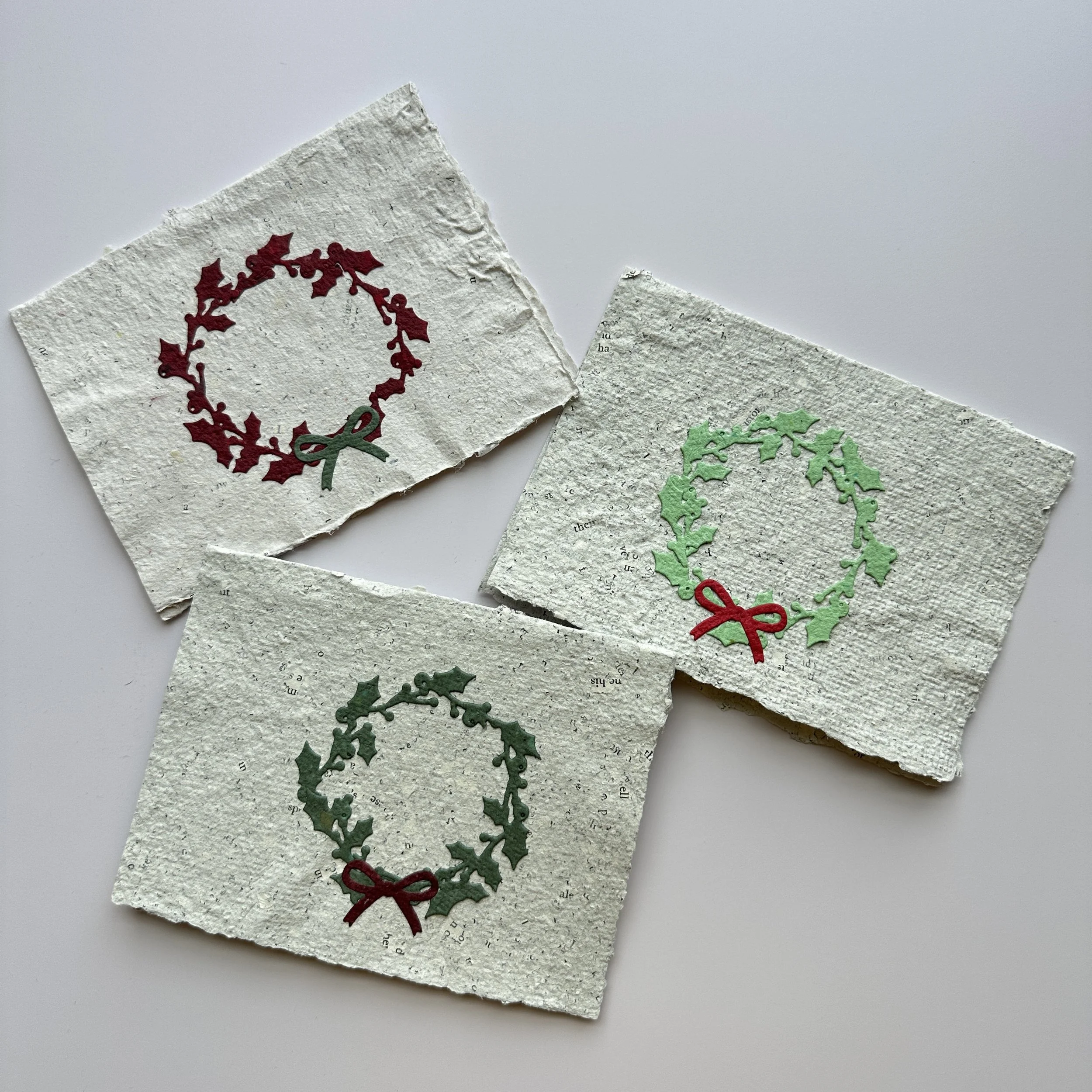 Handmade Paper Holly Wreath Cards (Set of 3)