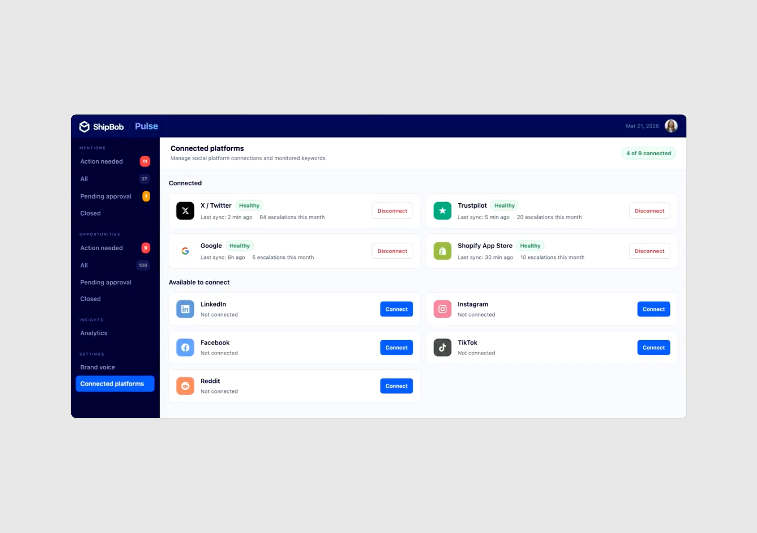 Here a user can see the connected platforms, as well as those that are currently not connected. The platforms I prioritized connecting were those that were deemed highest value by key stakeholders.