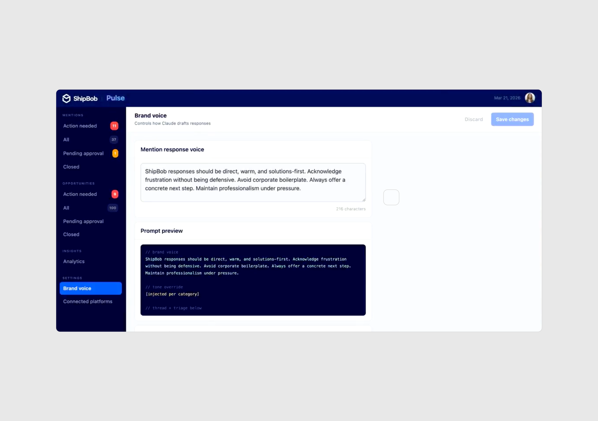 From the brand voice screen, a user can tweak what auto-generated responses sound like.