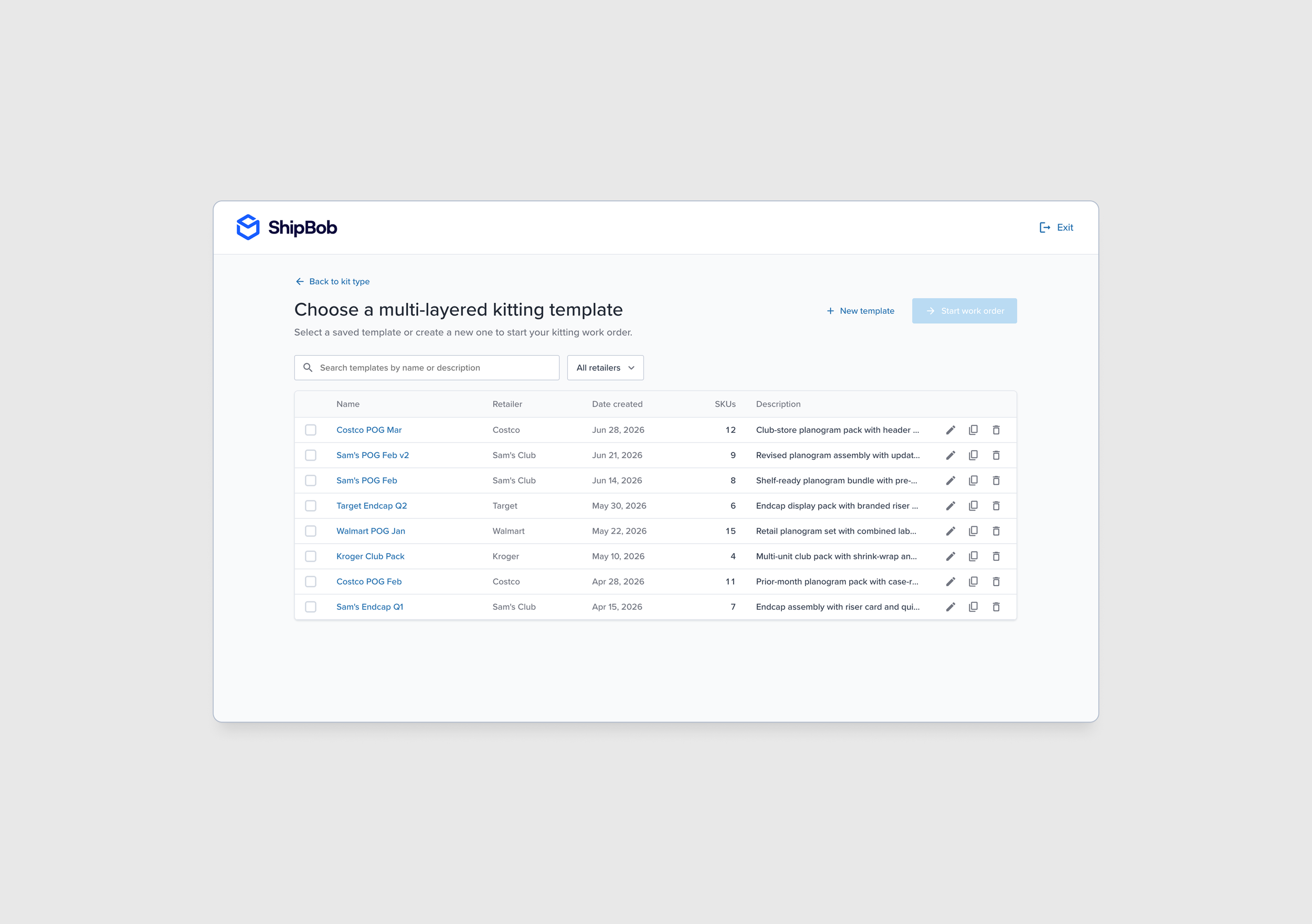 When a user enters into the multi-layered kitting experience, they can create a work order using existing templates, or create a new one.