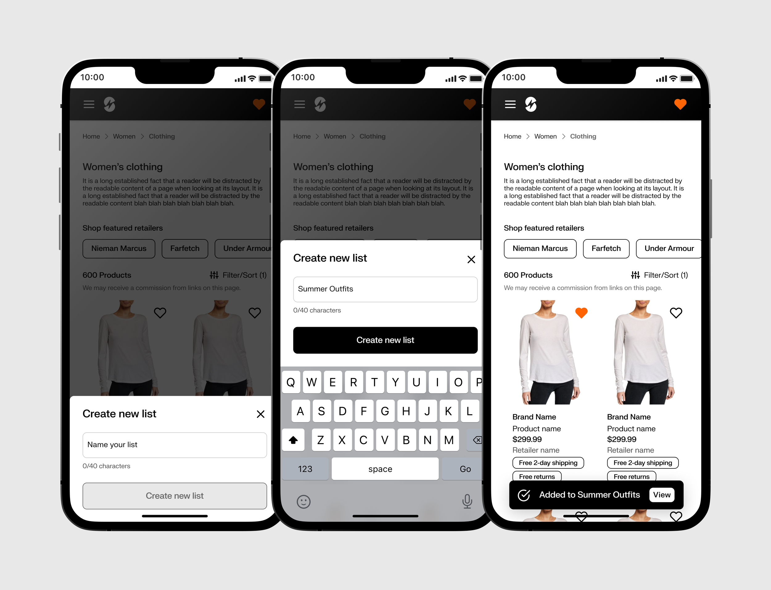 If a user wants to save a product to a new list, they can do that too.