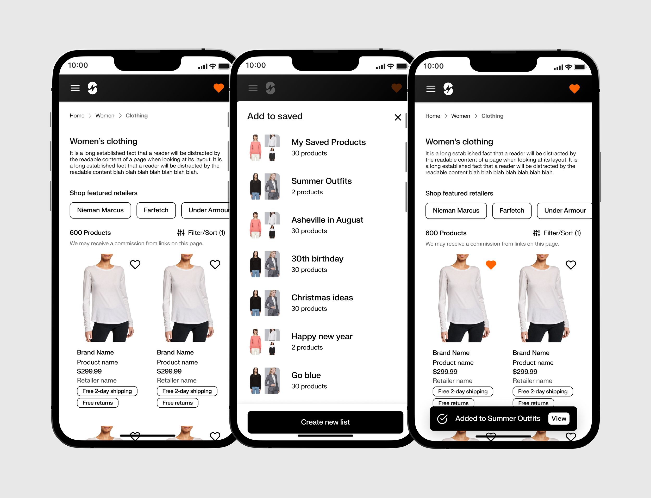 Whereas on a first-run of this experience a user will only see their default list, once they've created additional lists, they'll see those on click or tap of a heart.