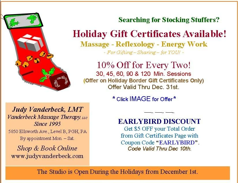 Holiday Massage Gift certificates 10% Off!