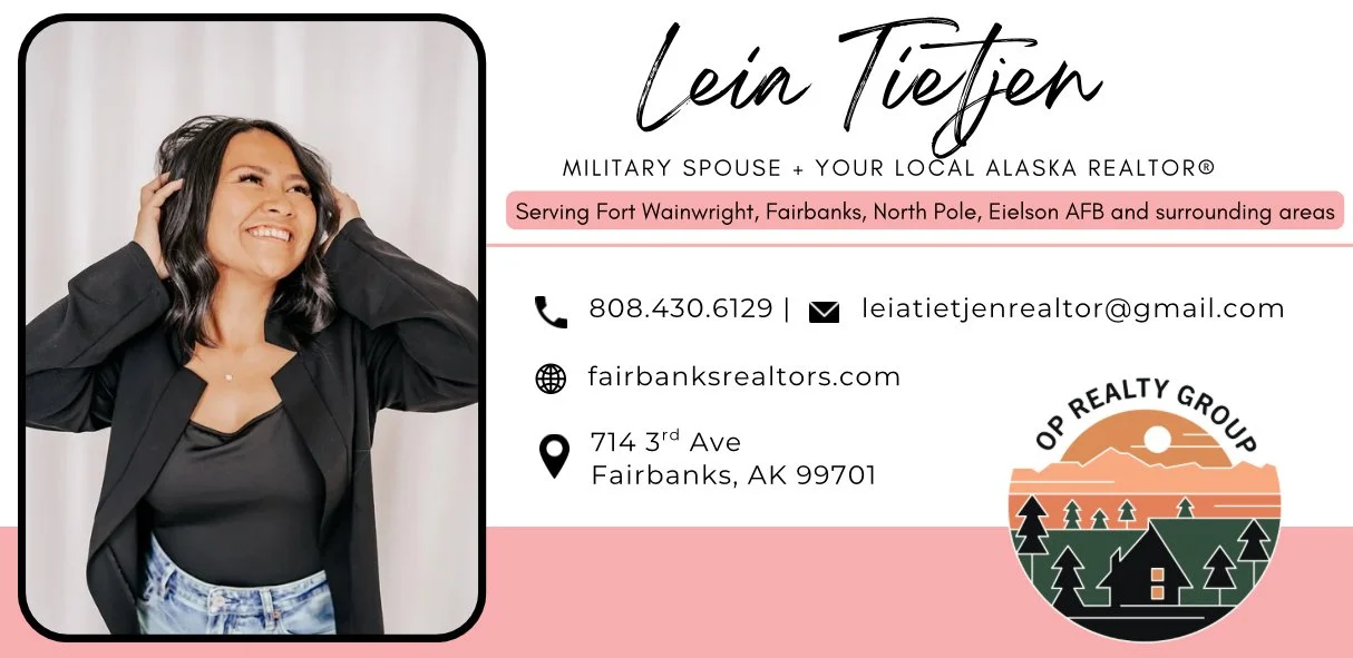 Business card for Leið Tietjen, military spouse and Alaska realtor, featuring her photo, contact information, and a logo with mountains, trees, and a house.