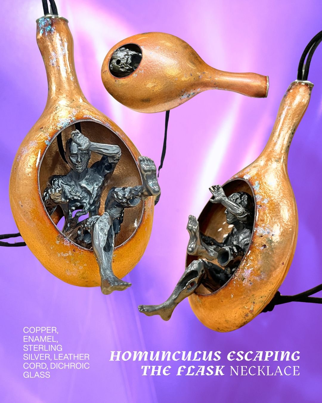 three different image angles of a copper and enamel necklace on a purple background, featuring a cast silver humanoid figure with grotesque features. 