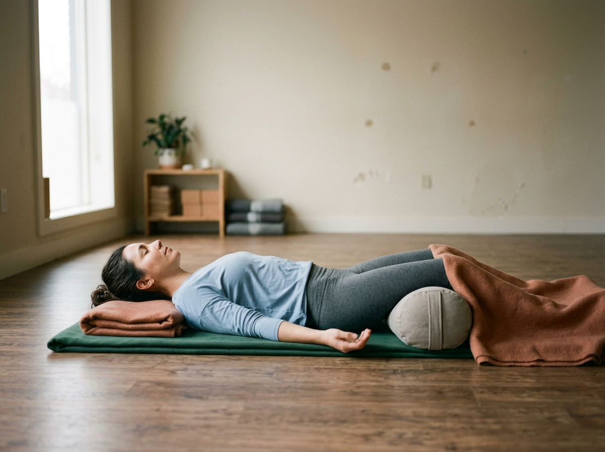 A woman lying on her back on a yoga mat with a round bolster under her knees, resting in a relaxation pose in a softly lit room.