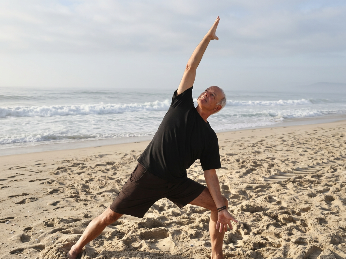 An elderly man practicing yoga on the beach, performing a side stretch pose with one arm raised and one hand on the ground, facing towards the ocean.
