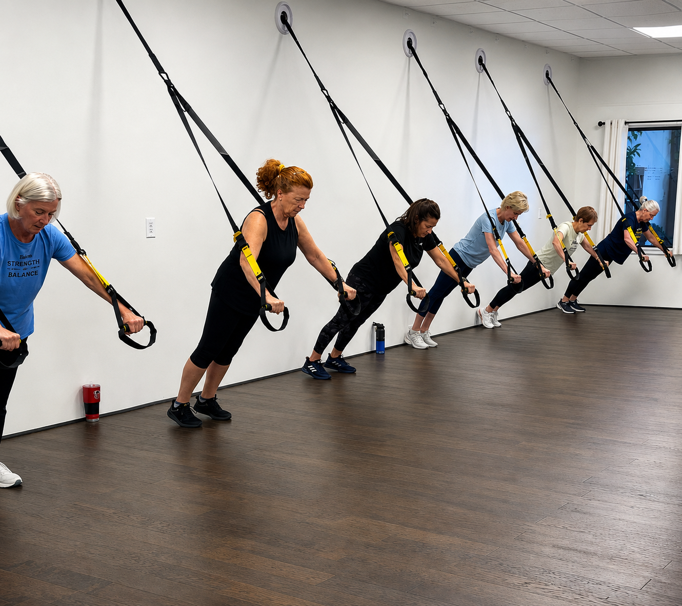 Group of women doing suspension training exercises in a fitness studio, using black straps attached to the ceiling, with wood flooring and a window with white curtains.