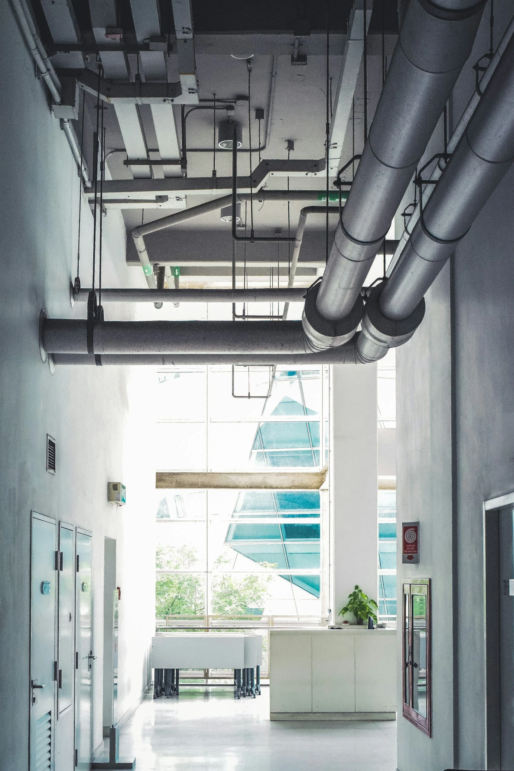 A spacious, modern hallway in an office building with large windows at the end, allowing natural light to fill the space. There are lockers on the left, a few potted plants, tables and chairs in the background, and a fire alarm box on the right wall.