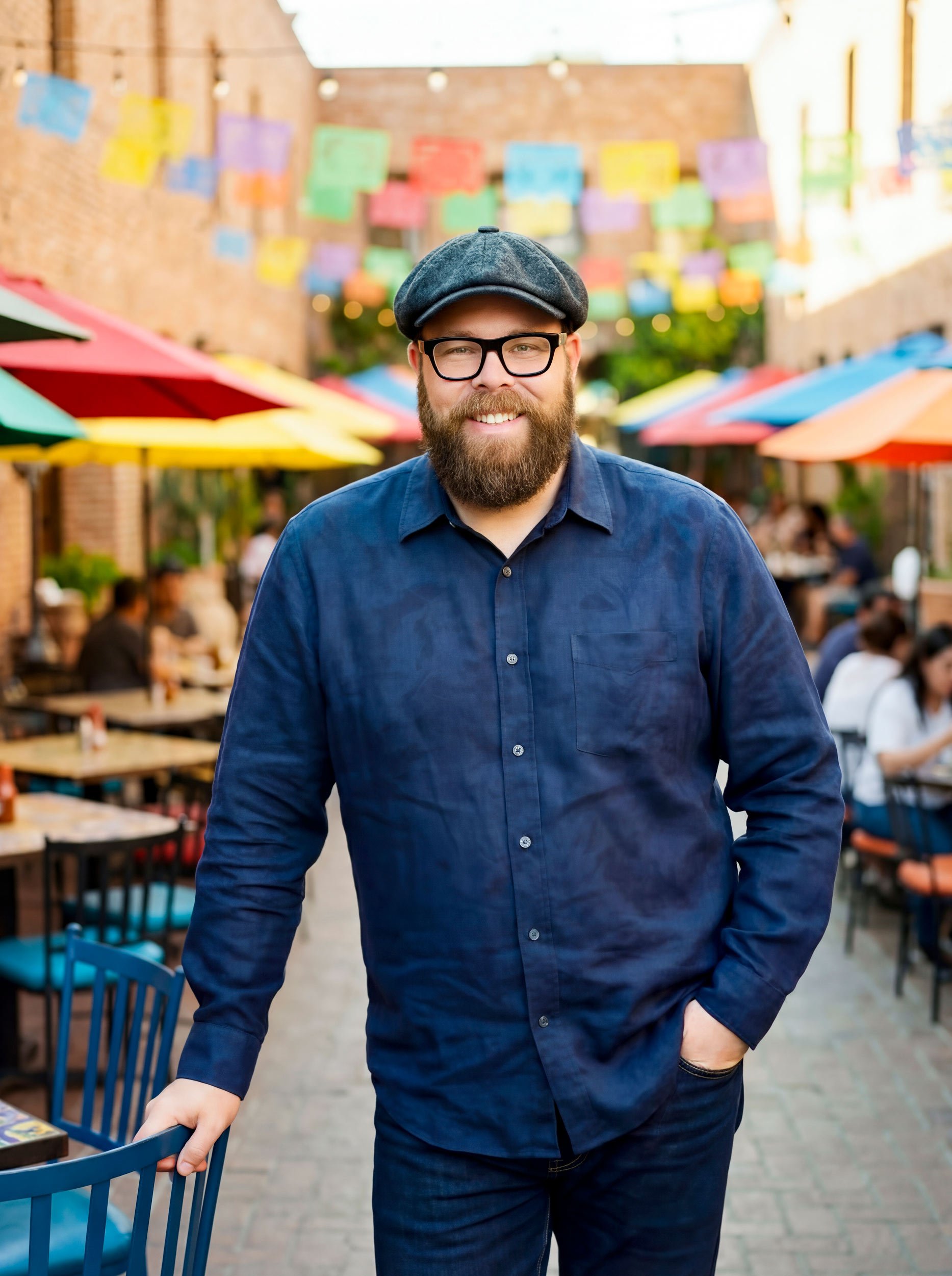 rochester mn photographer scott schoeberl standing in front of outdoor restaurant with colorful tables and umbrellas