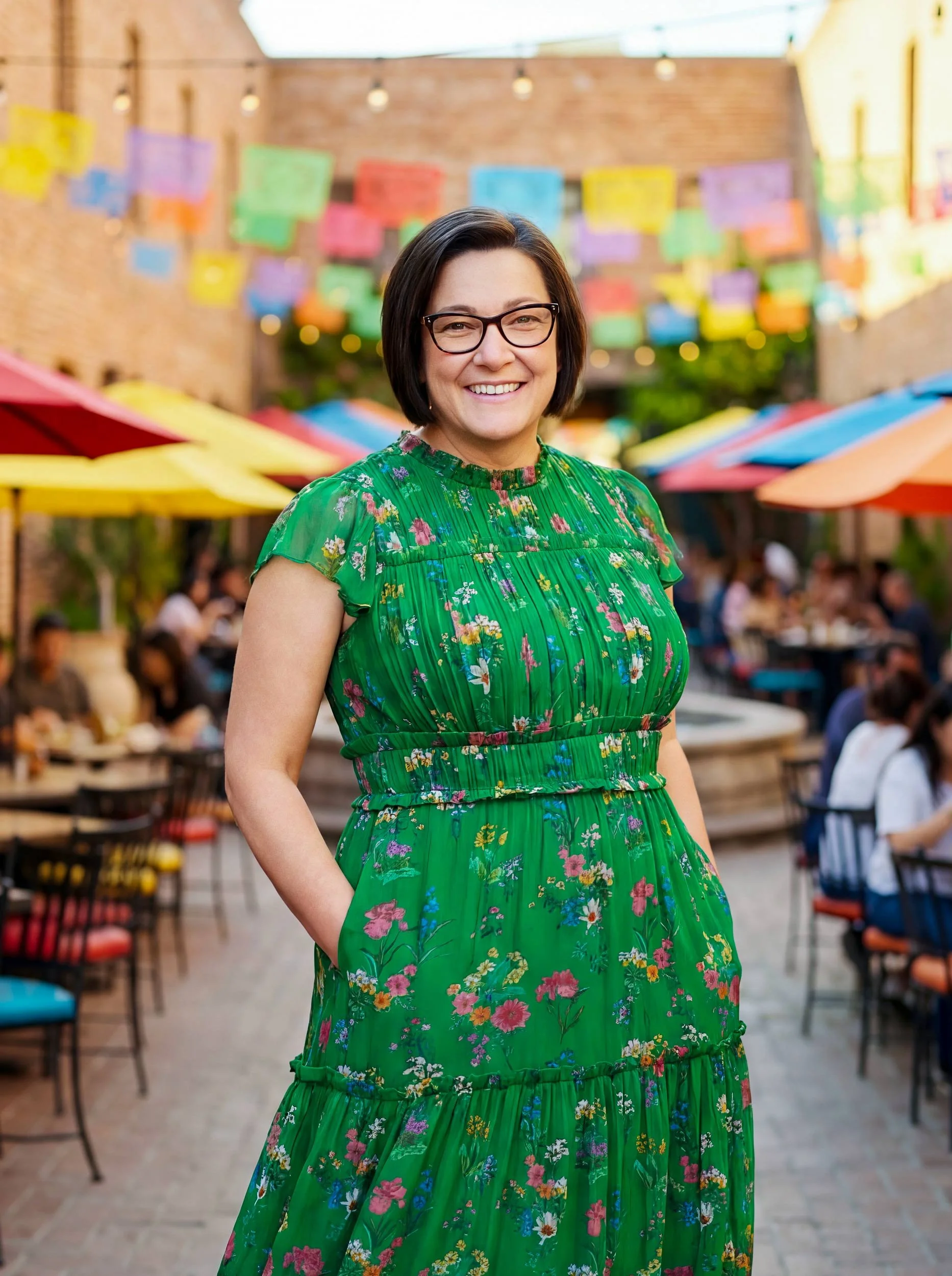 Rochester mn photographer Kelly Schoeberl standing in front of outdoor dining area with colorful umbrellas and string lights