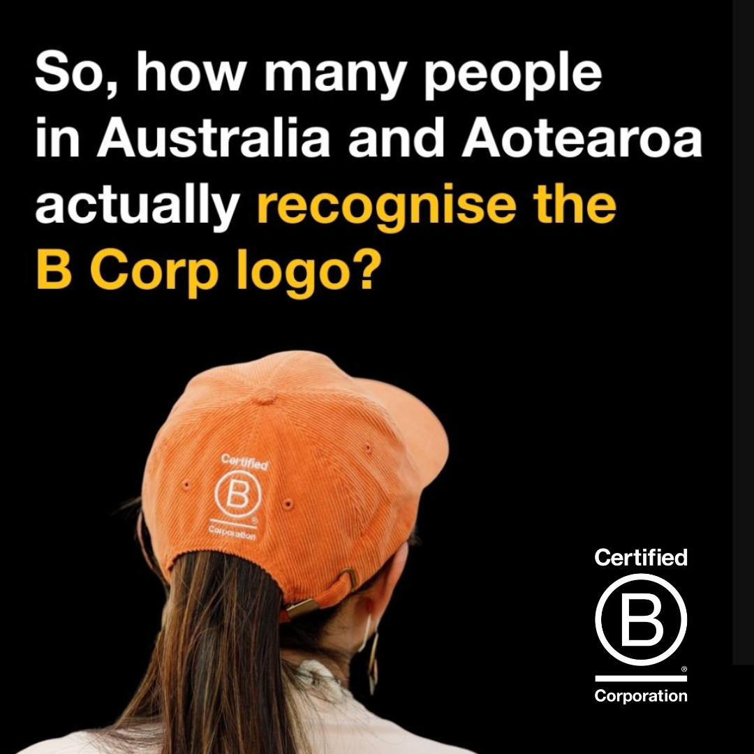 A photo of a woman with brown hair wearing an orange cap with the certified B Corp logo on it. Above her is the text "so hoe many people in Australia and Aotearoa New Zealand actually recognise the B Corp logo?" 