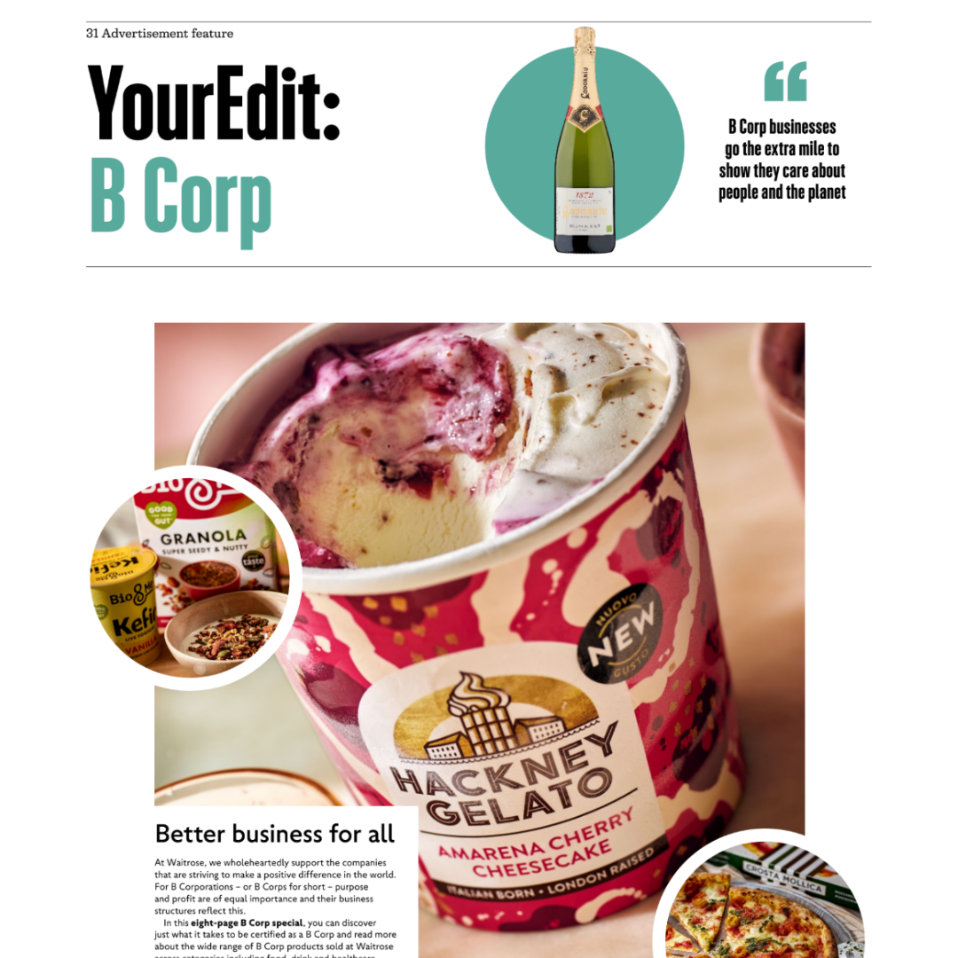 A magazine front that includes photos of wine, ice cream and cereal
