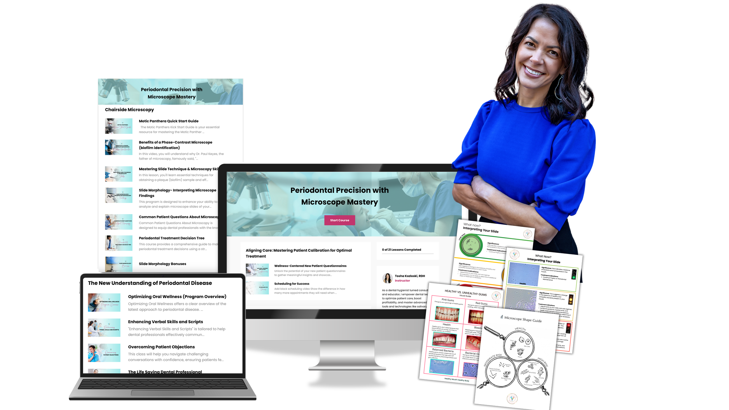 A woman in a blue blouse smiling with arms crossed, standing next to a computer monitor and a laptop displaying educational content about periodontal mastery and microscopy in dental care, with various educational slides and guides related to dental health.