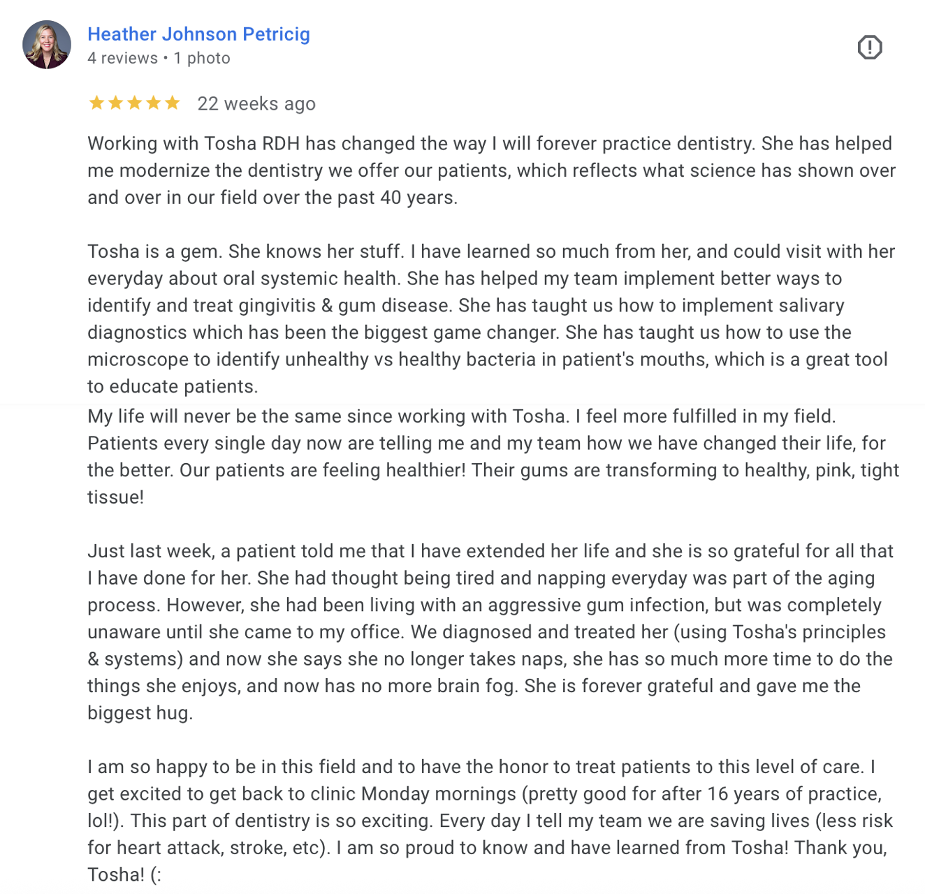 Screenshot of a 5-star online review by Heather Johnson Petricig praising her dental professional Tosha RDH and describing her positive experience working with her.