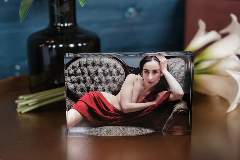 Acrylic crystal block treatment of a classic boudoir photo.