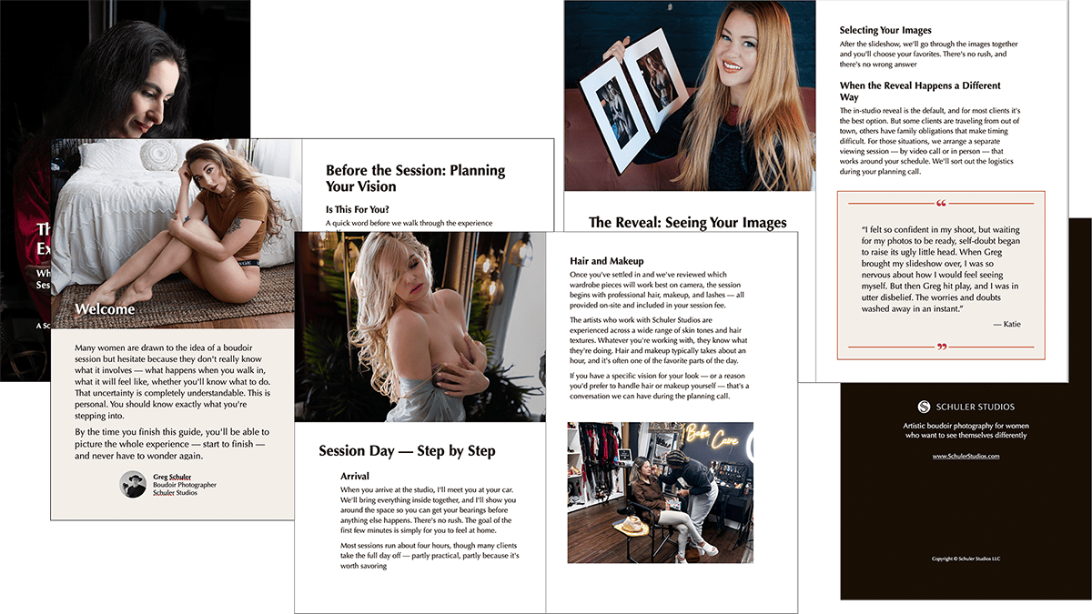 Selected page spreads from The Boudoir Experience Guide