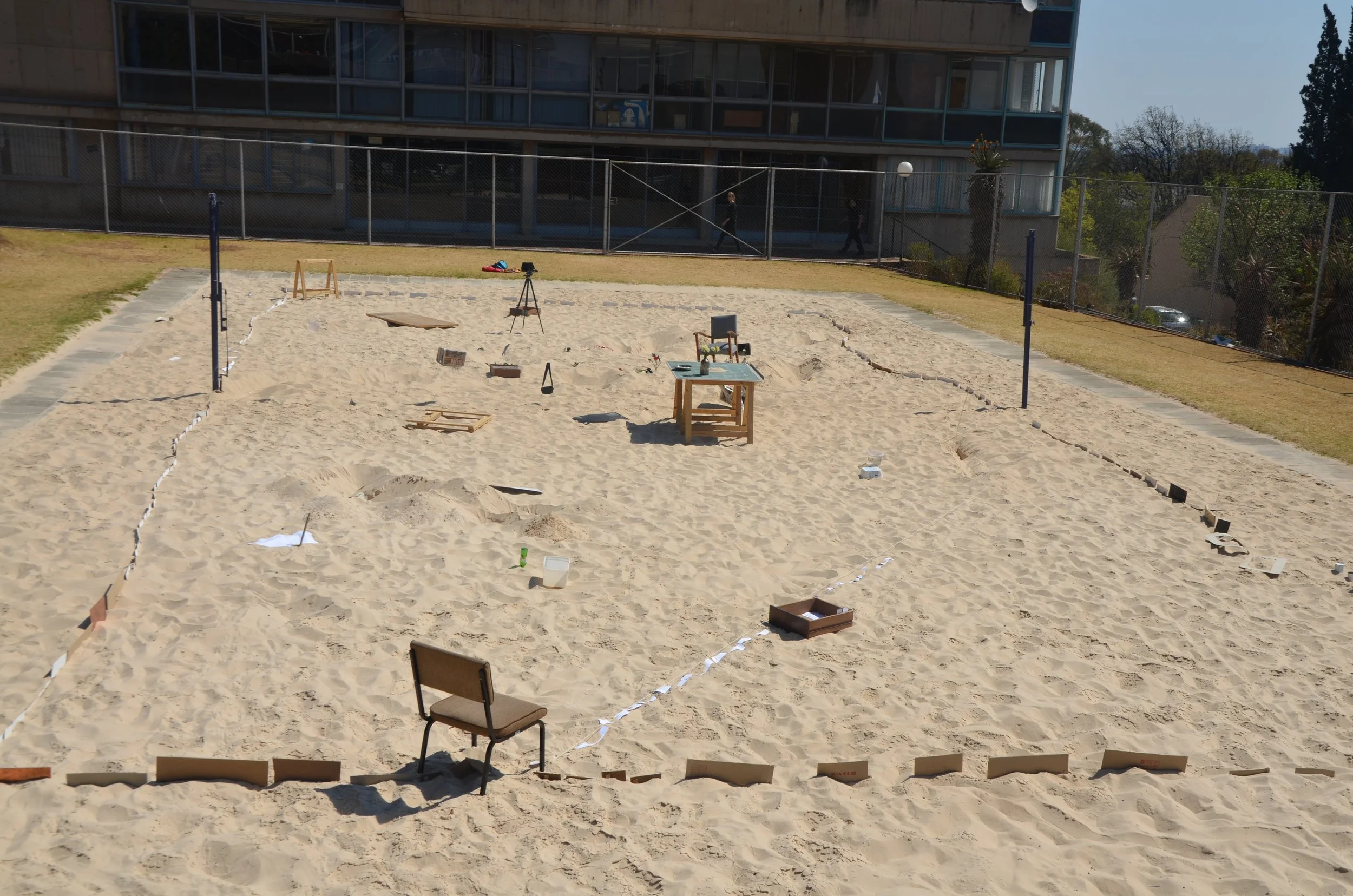 detail of Disrupting Stuff On A Beach Volleyball Court (2014) Wits University Beach Volleyball court. installation view