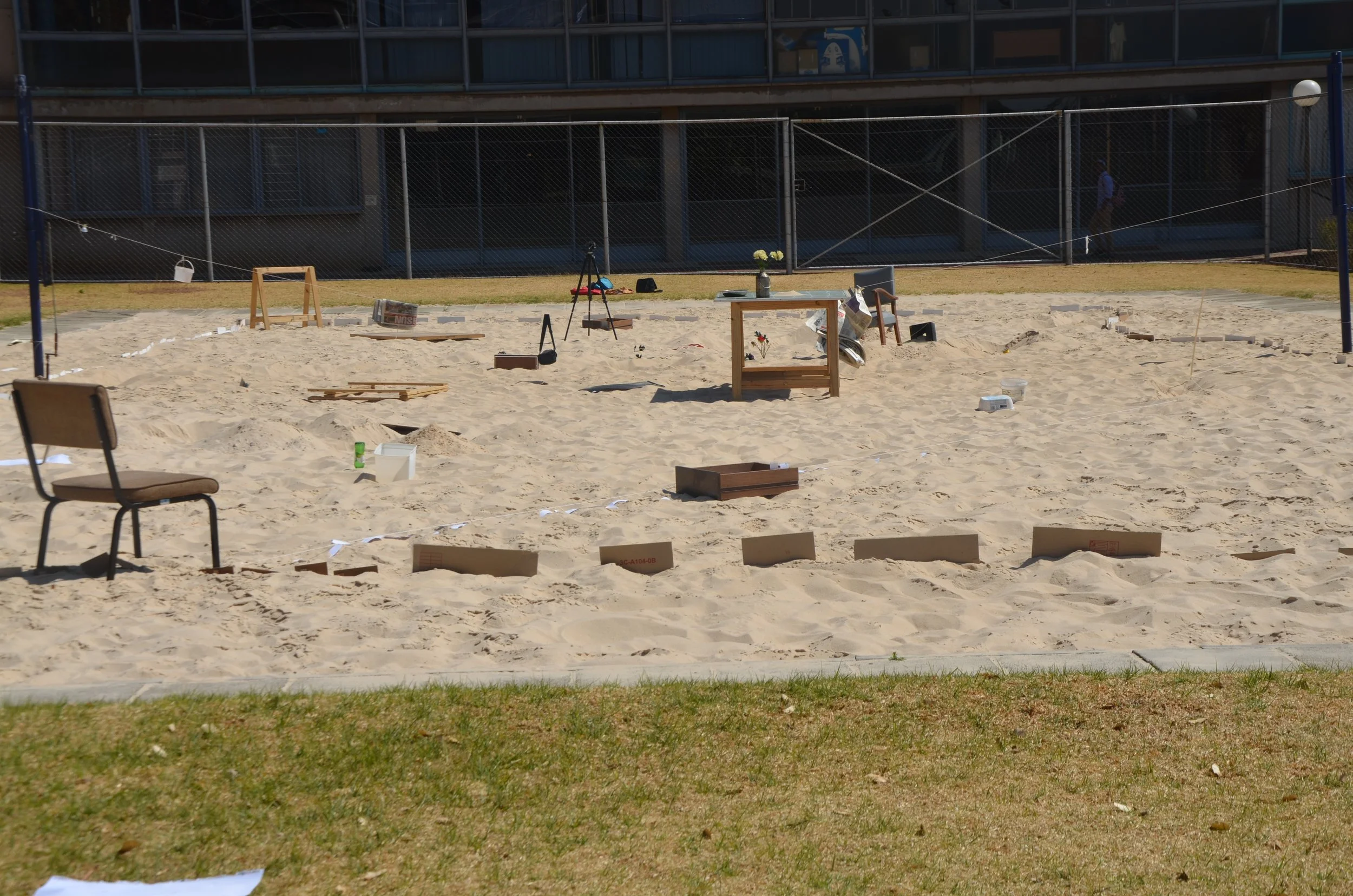 detail of Disrupting Stuff On A Beach Volleyball Court (2014) Wits University Beach Volleyball court. installation view