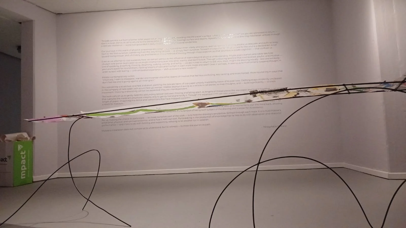 to teach in ways that teach us to care for the soul (2025) drawing installation. mixed media drawing on round bar trestles. installation detail
Tšhegofatšo Mabaso (detail of exhibition text)