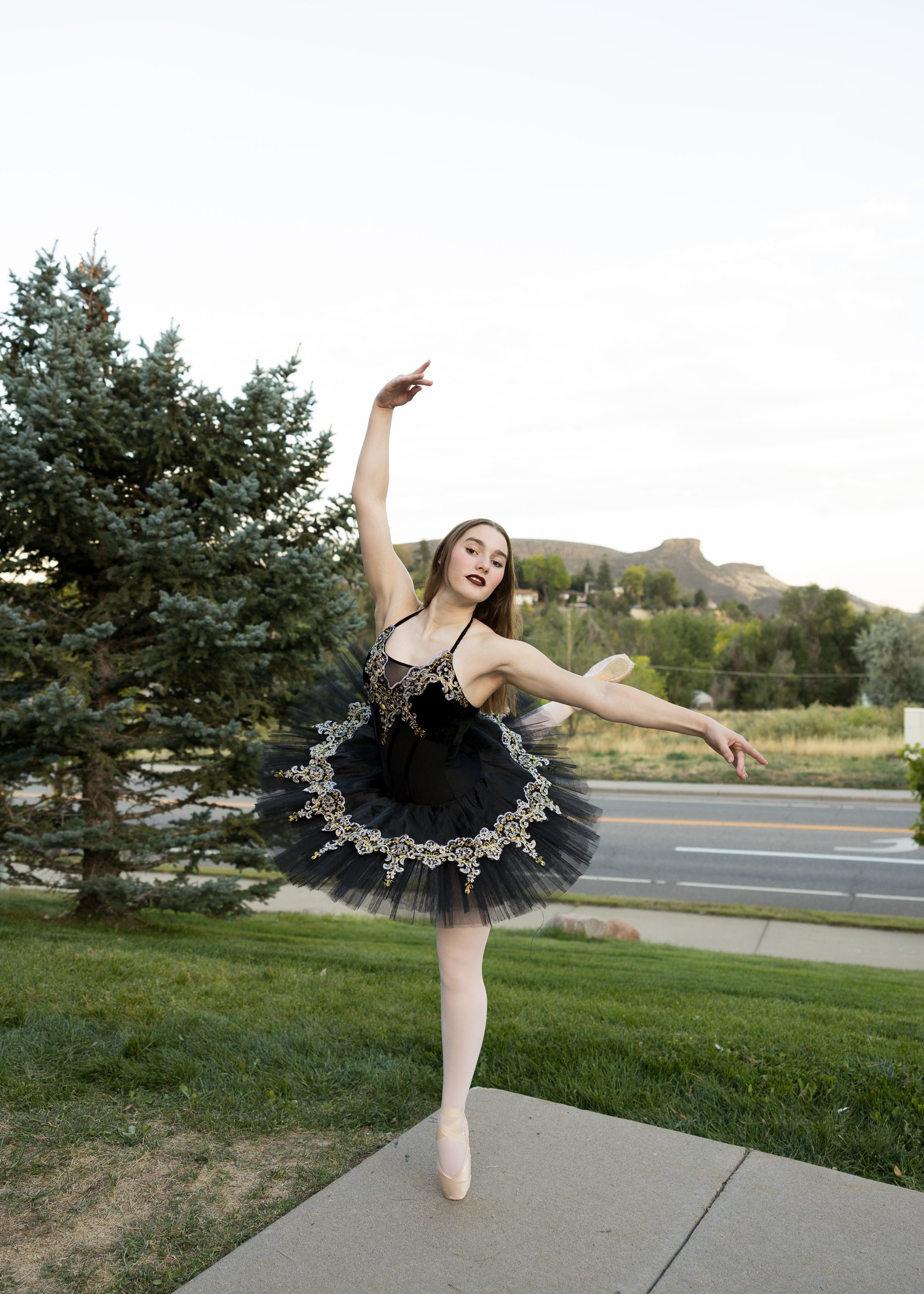A ballerina in a black tutu performs a dance pose outdoors on a sidewalk, with a tree and a mountainous landscape in the background.