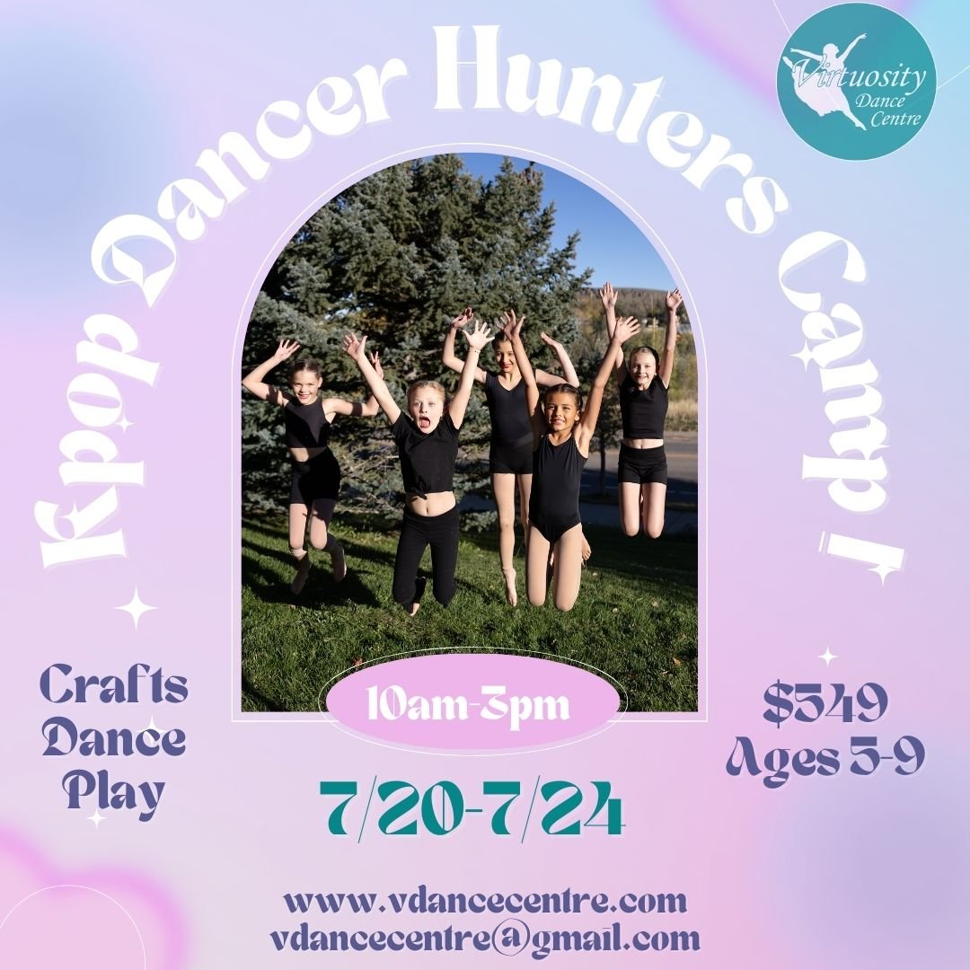 Pink and purple space-themed background with mushrooms, stars, and astronaut helmet images, advertising a dance and art camp called 'Wicked' on June 5th from 10 am to 12 pm, with a picture of a young girl in a red and white dress.